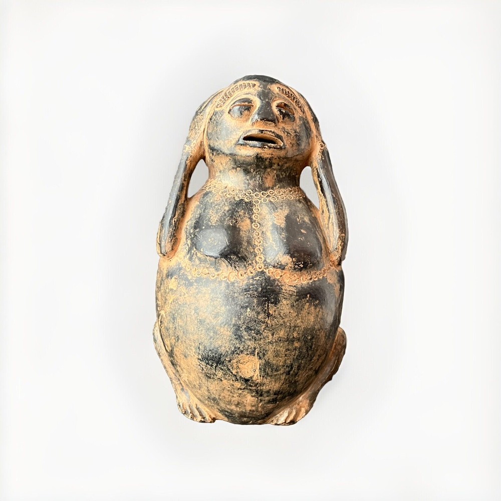 Vintage Peruvian Ceramic Effigy Female Statue, 10 5/8" Tall