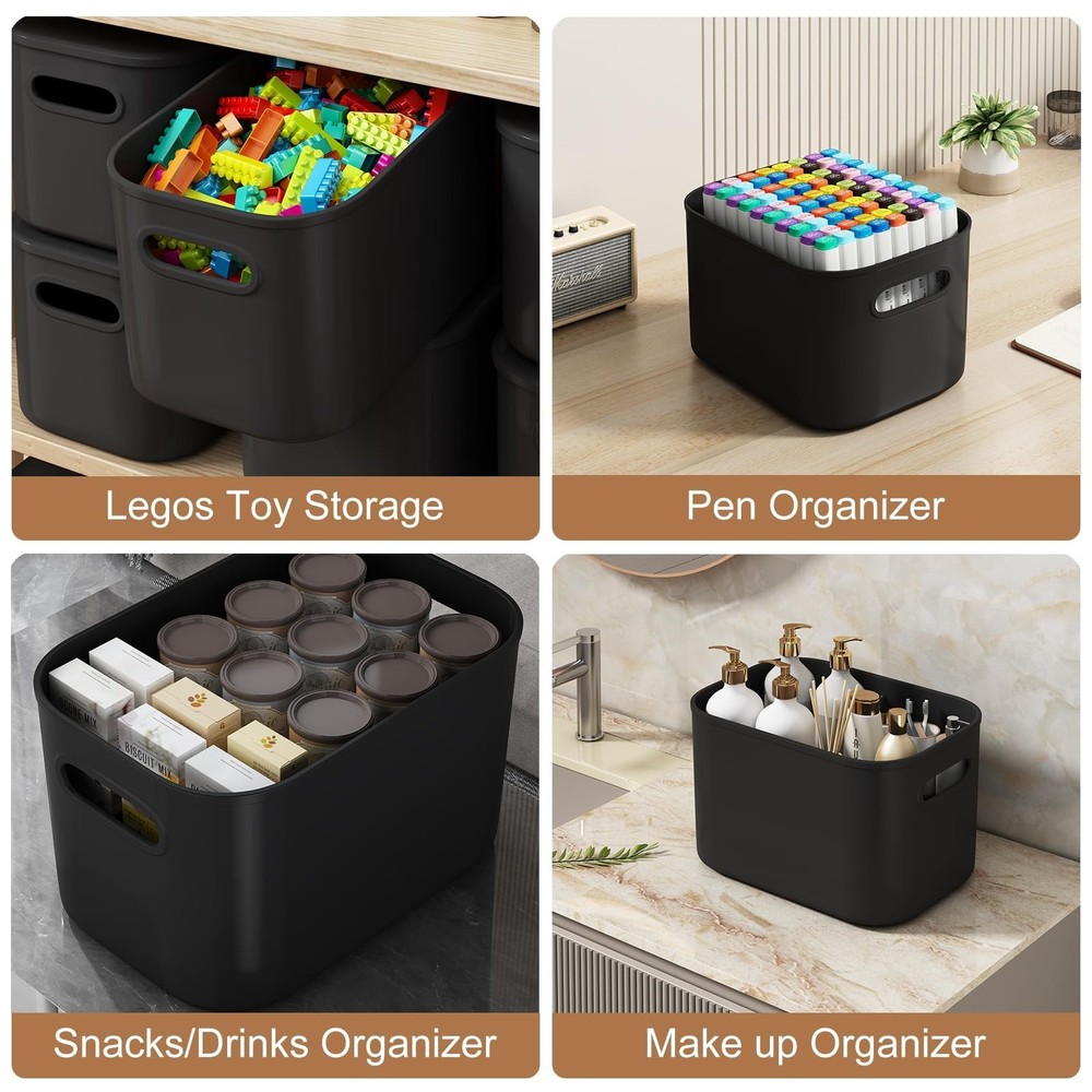 8 Pack Black Storage Bins with Lids Stackable Storage Container for Organizin...