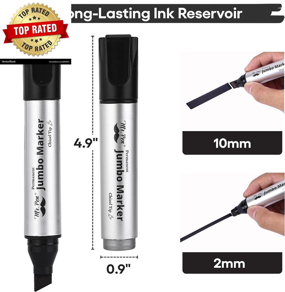 Jumbo Permanent Markers, 4 Pack, Chisel Tip, Black, Thick, Large, Wide Tip