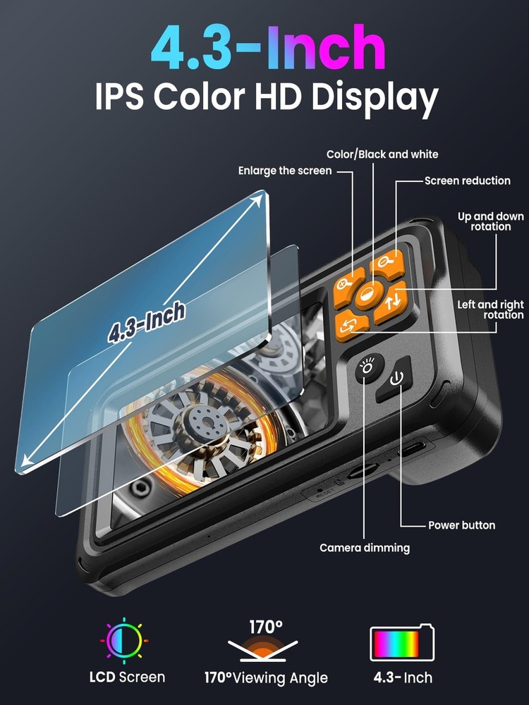 Endoscope Camera with Light, 4.3" IPS Screen 1080P Tools Borescope with 8 LED...