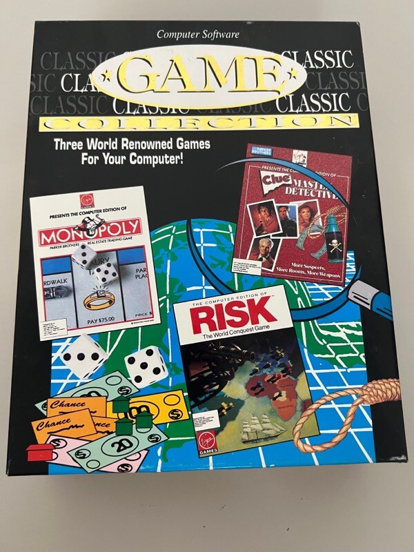 Computer Software Game Collection Clue, Risk, Monopoly Floppy 1991 Atari IBM Mac