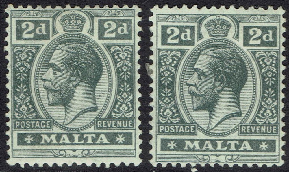 MALTA 1914 KGV 2D BOTH SHADES WMK MULTI CROWN CA