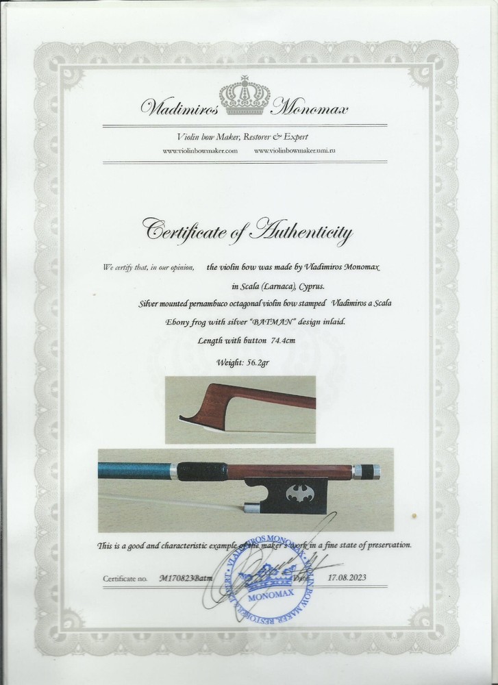 Certificate ONLY for pernambuco, octagonal violin Bow with "BATMAN" design