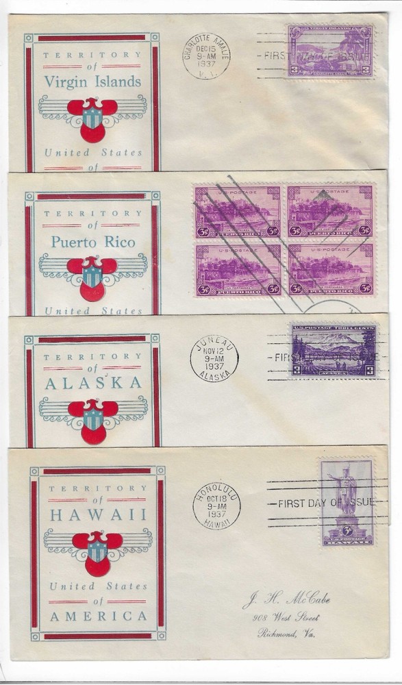 FDC's  #799-802   Possessions -  1937   --  Linprint