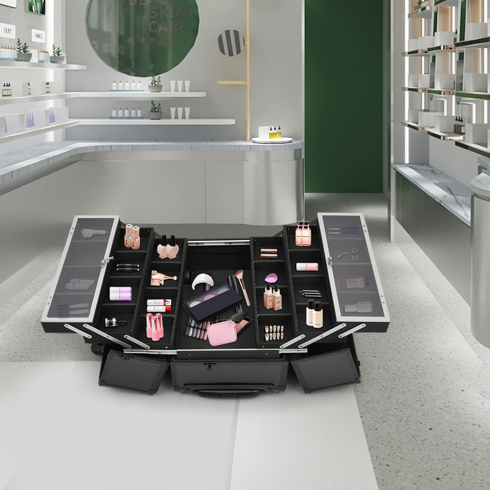 Makeup Case with 6 Trays Lockable Rolling Makeup Case Multi-Layer Makeup Case
