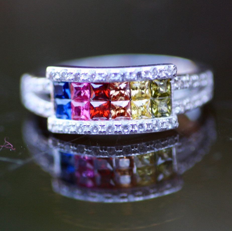 Rainbow Lab Made Sapphire Ring, Sterling Silver Anniversary Gift