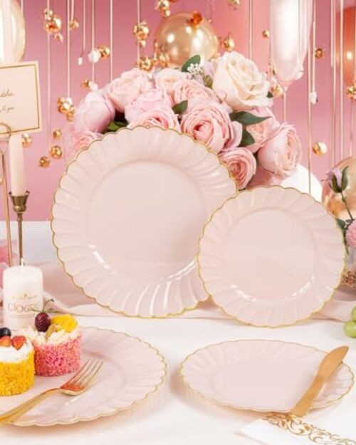 Scalloped Plastic Plates - Gold Disposable Dinnerware Set Include 175PCS Pink