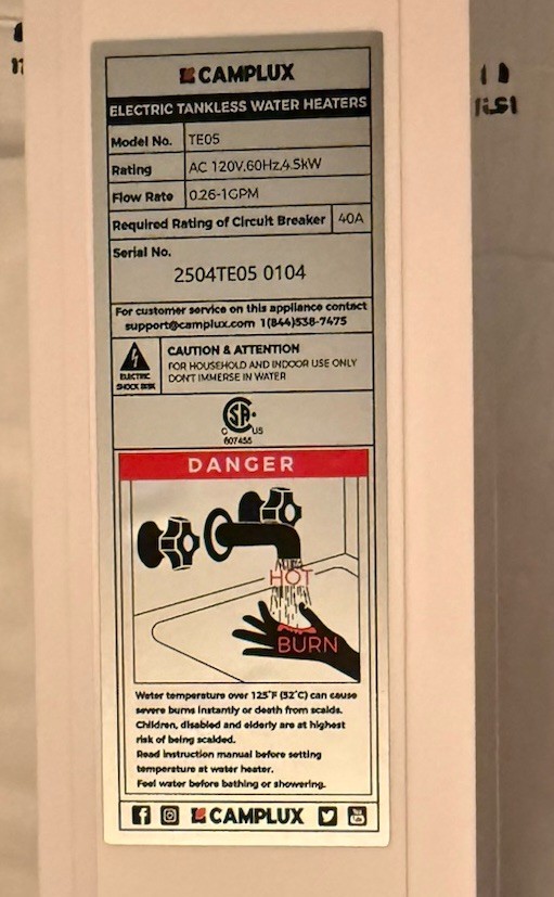 Camplux TE05 Electric Tankless Water Heater