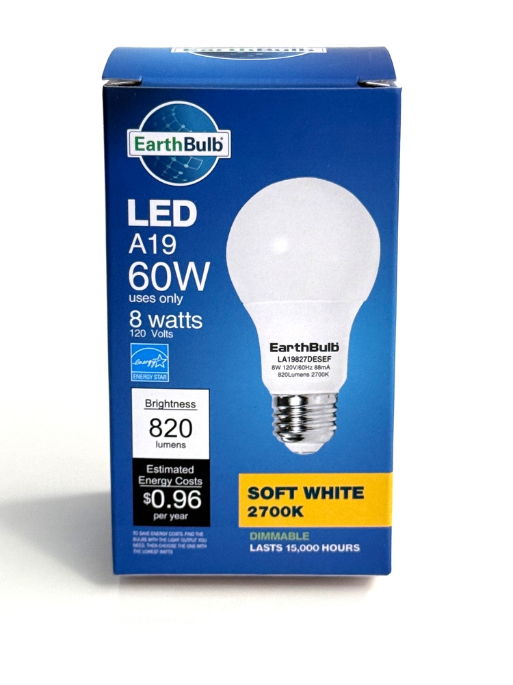 EarthBulb LED A19 60W 8W Energy Star 820 Lumens Soft White 2700k Dimmable