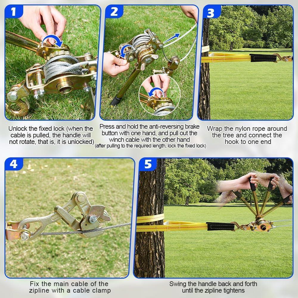 Zipline Tensioning Kit, Cable Winch Puller with Cable Grip Steel Wire Puller & 2