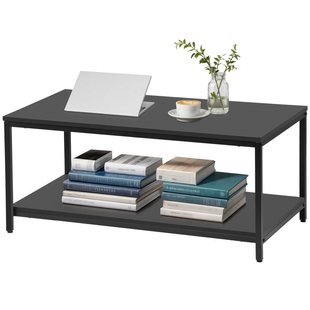 2-Tier Coffee Table Simple Modern Rectangular Center Table for Living Room Black