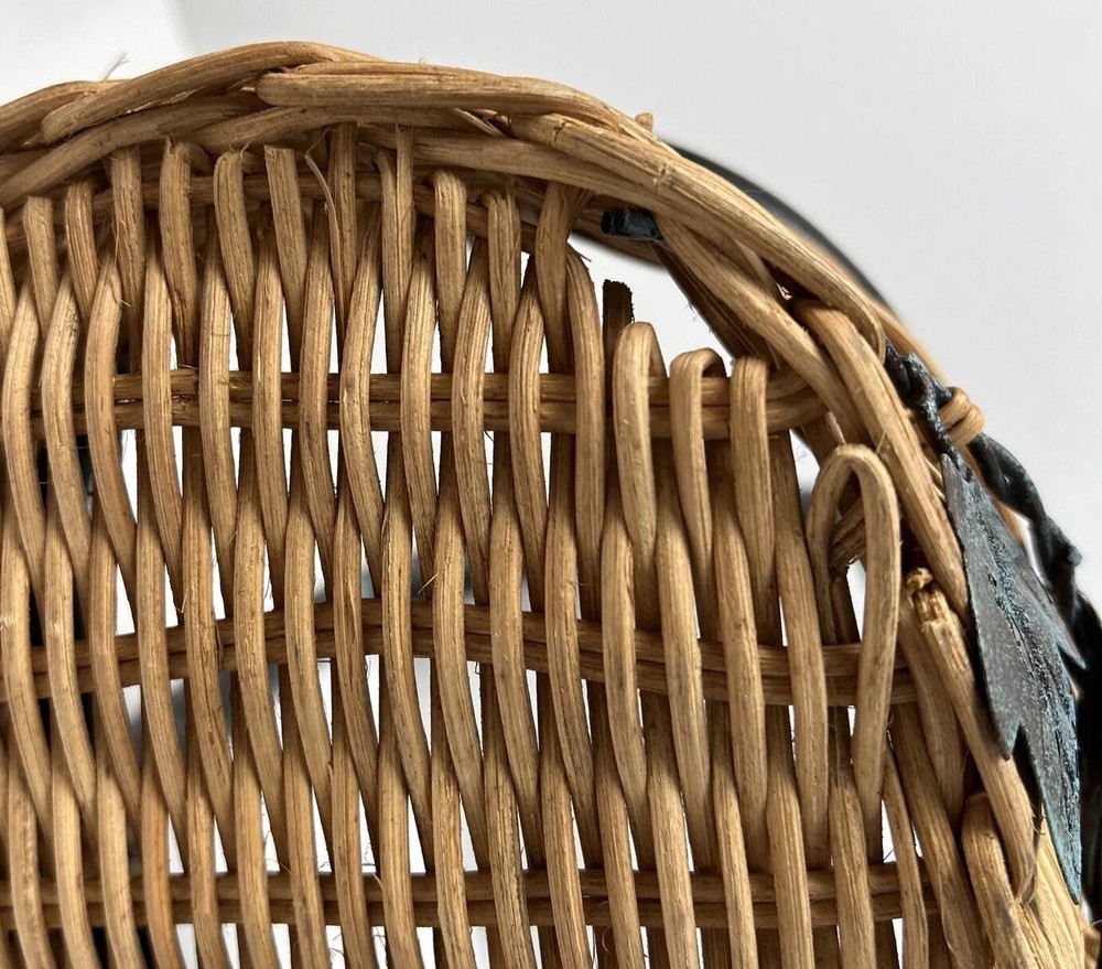 Wicker Basket Flat Bottom Top & Handle Sponged Leaf Shaped Metal On Front