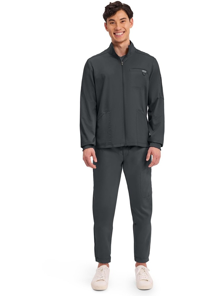 Cherokee Scrub Jacket Men's Zip Front Jacket with 5 Pockets, Bungee Loop, Rib...