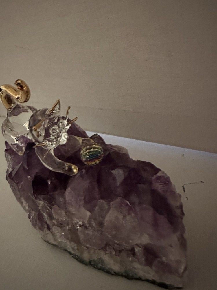 Cat With Rainbow Cut Ball On Amethyst Geode Stone