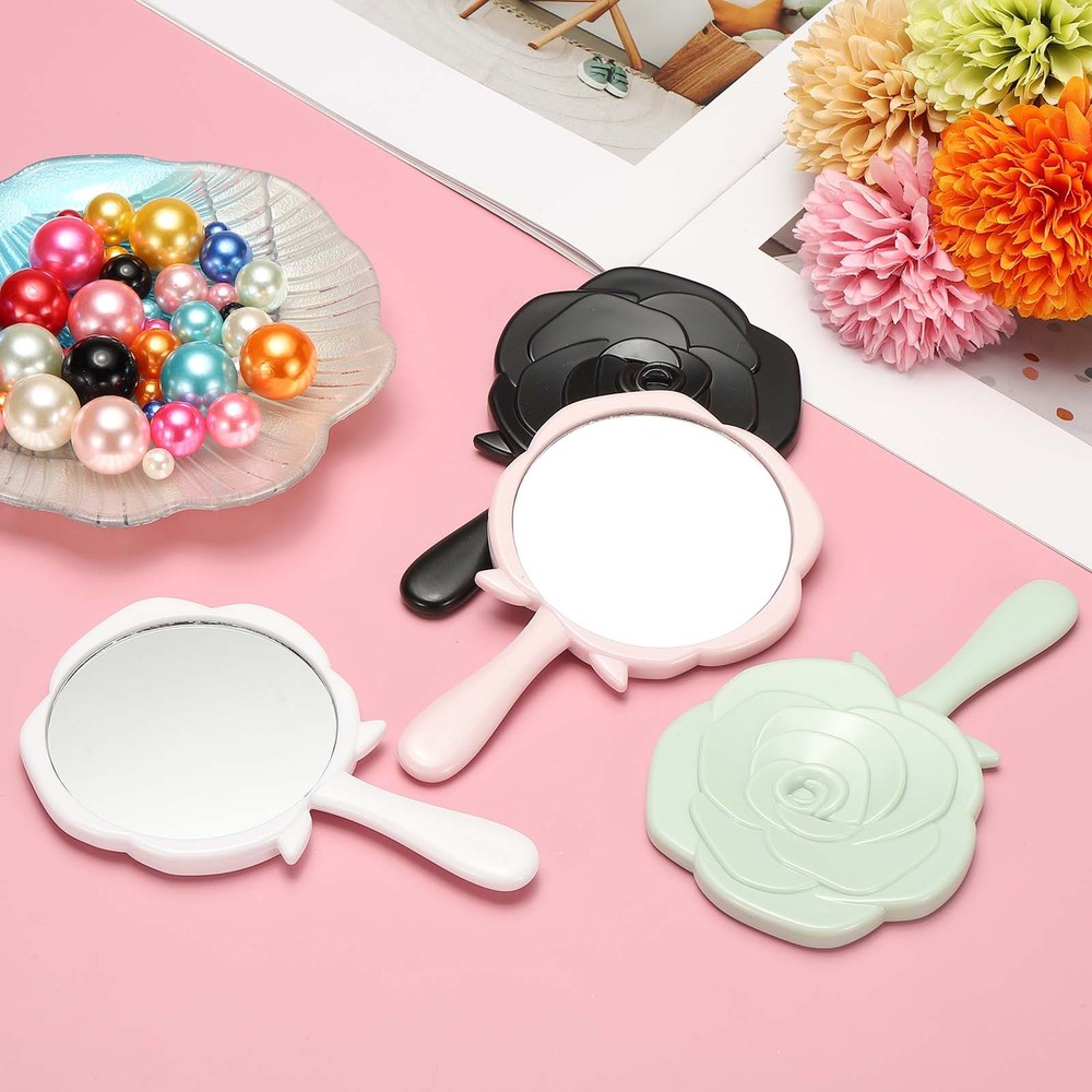 2 Pcs Rose Shape Handheld Mirror, 5" Travel Makeup Mirror, White