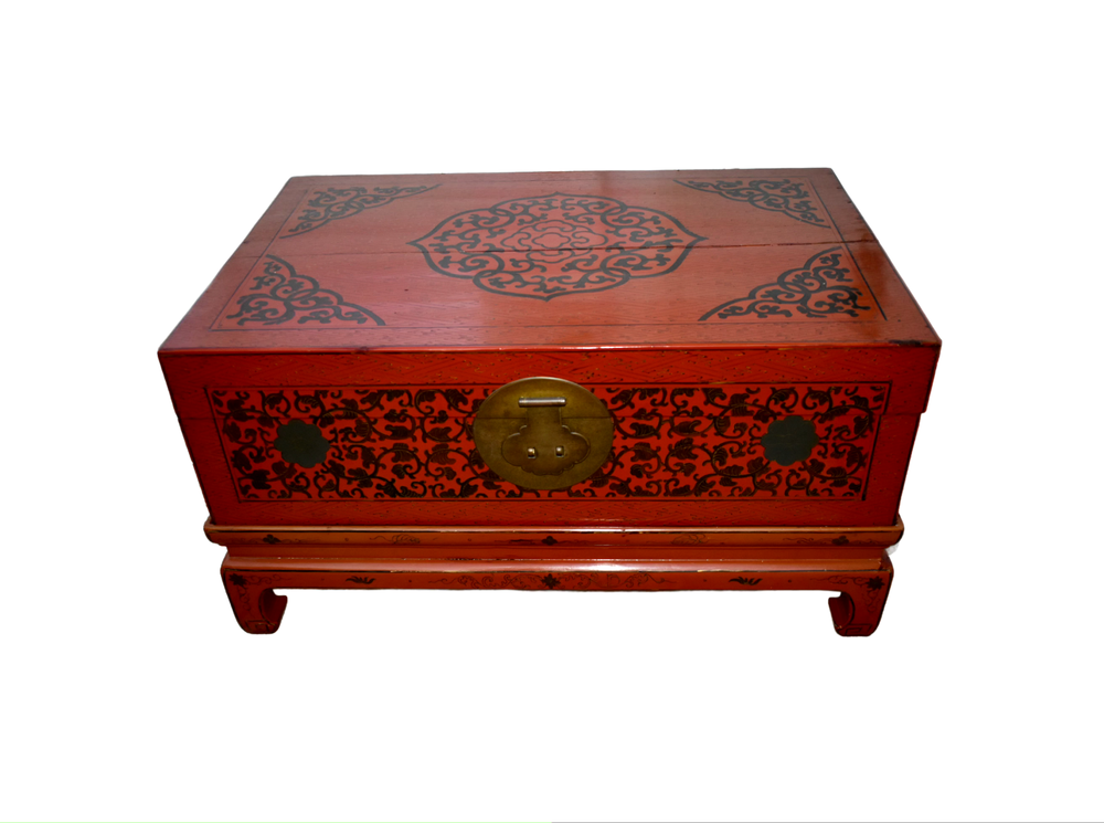 Antique Painted Asian Trunk on Stand