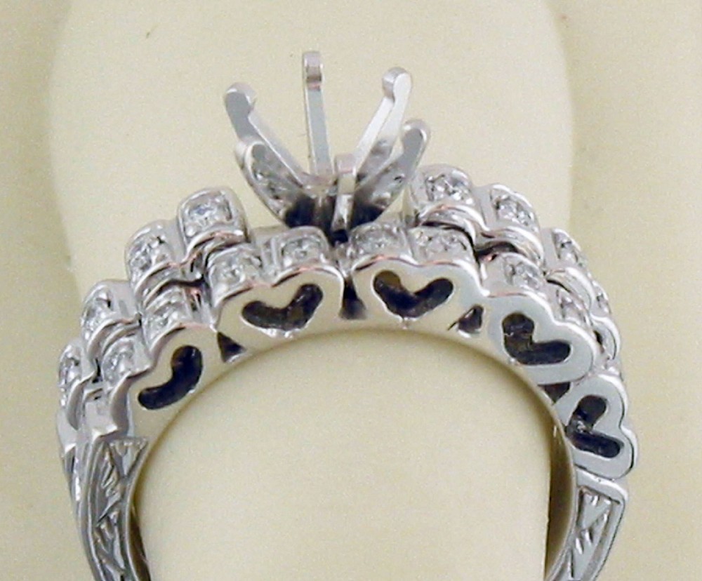 Heart Shape Engrave Style Semi Mount Diamond wedding Set 14K Solid White Gold