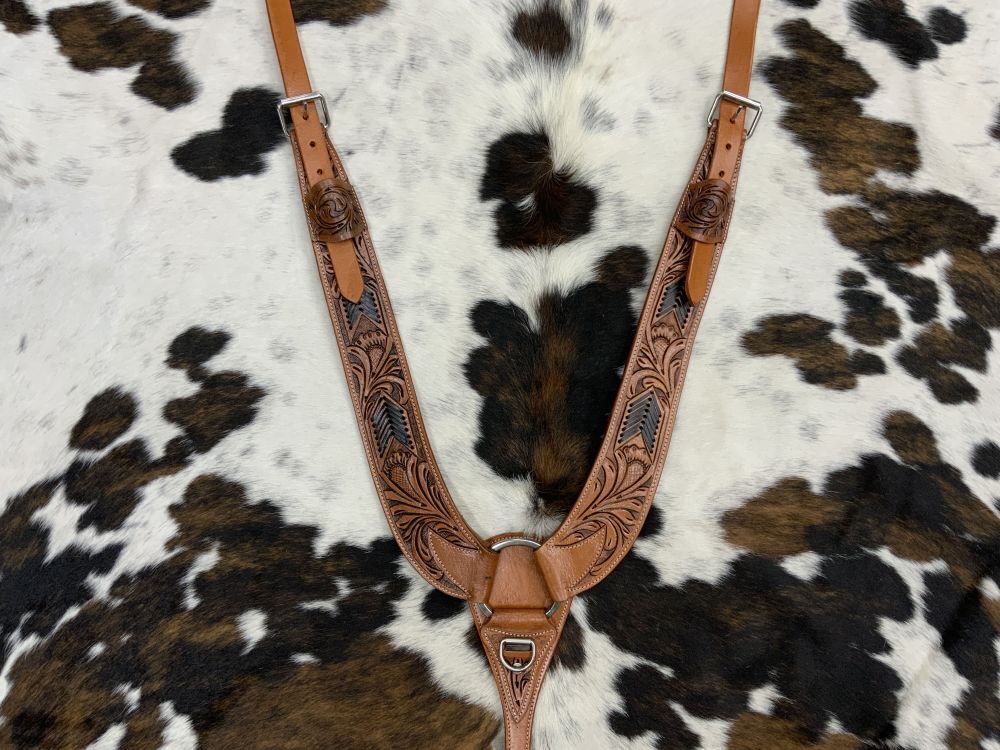 Showman Floral Tooled Leather Pulling Collar w/ Black Rawhide Lacing