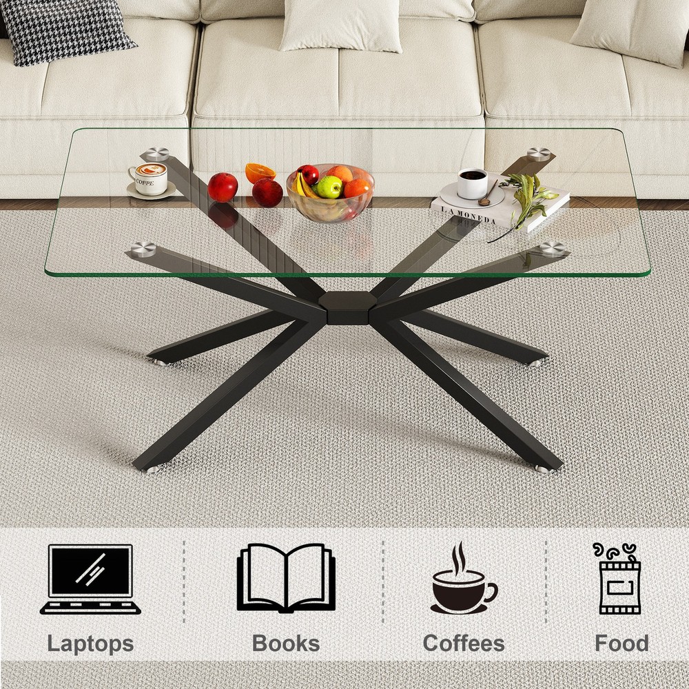 39.37" Rectangular Clear Tempered Glass Coffee Table,Stylish Design with Black