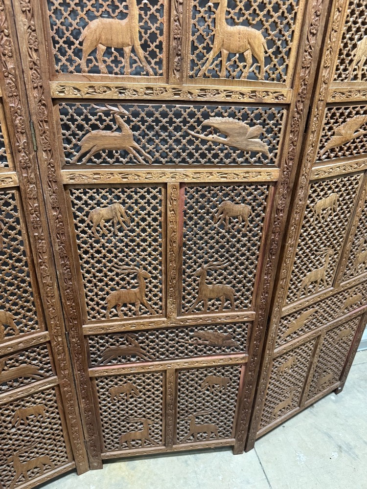Mid-Century Carved Folding Four Panel Room Divider Screen