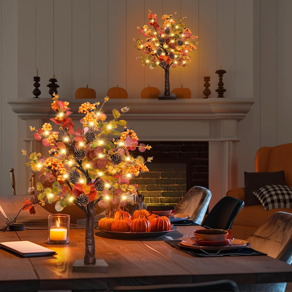 [ Prelit & Timer ] 2 Pack Fall Decor Tabletop Fall Tree with 48 LED Battery