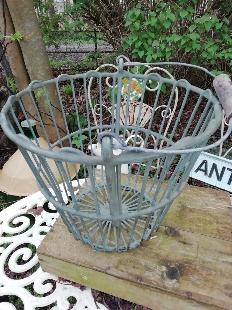 Vintage Metal Open Work Basket With Turned Wood Handle
