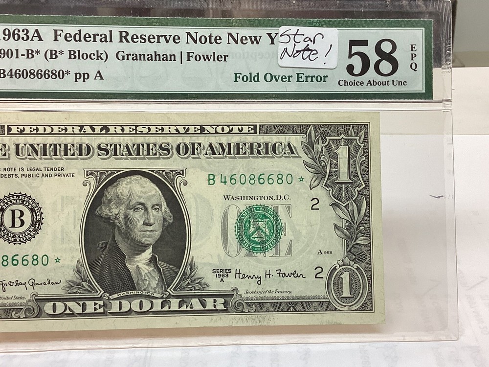 $1 1963A Star Note * PMG 58 EPQ Fold over Error Fr#1901-B*