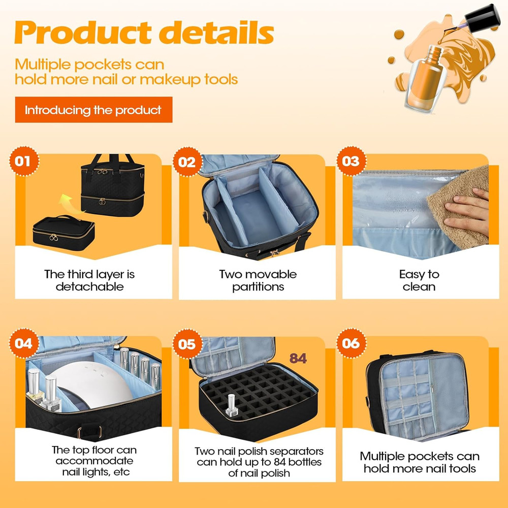 Nail Bag Organizer Case - Three Layer Nail Polish Storage Bag with Adjustable Di