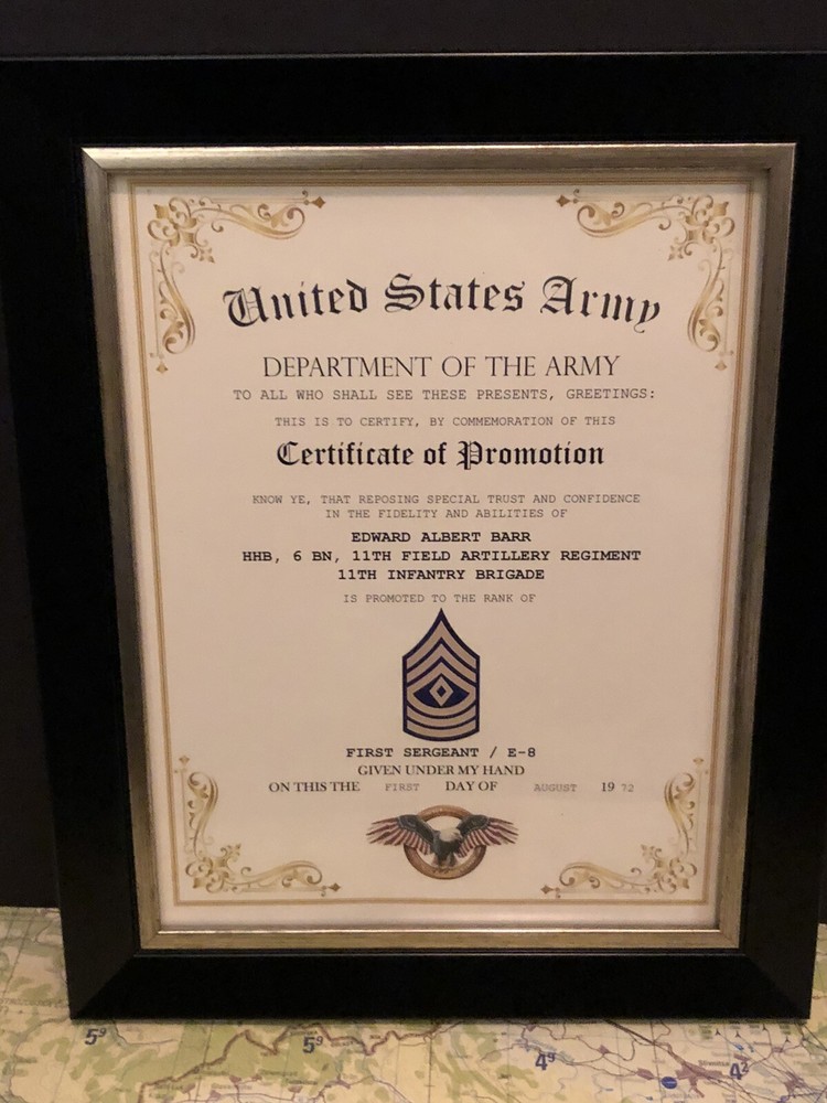 FIRST SERGEANT / 1SG (E-8) U.S. Army ~ Commemorative Promotion Certificate