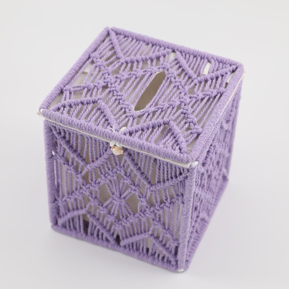 Macrame Tissue Box Cover Square Shape, Braided Rope Boho Style Tissue Purple