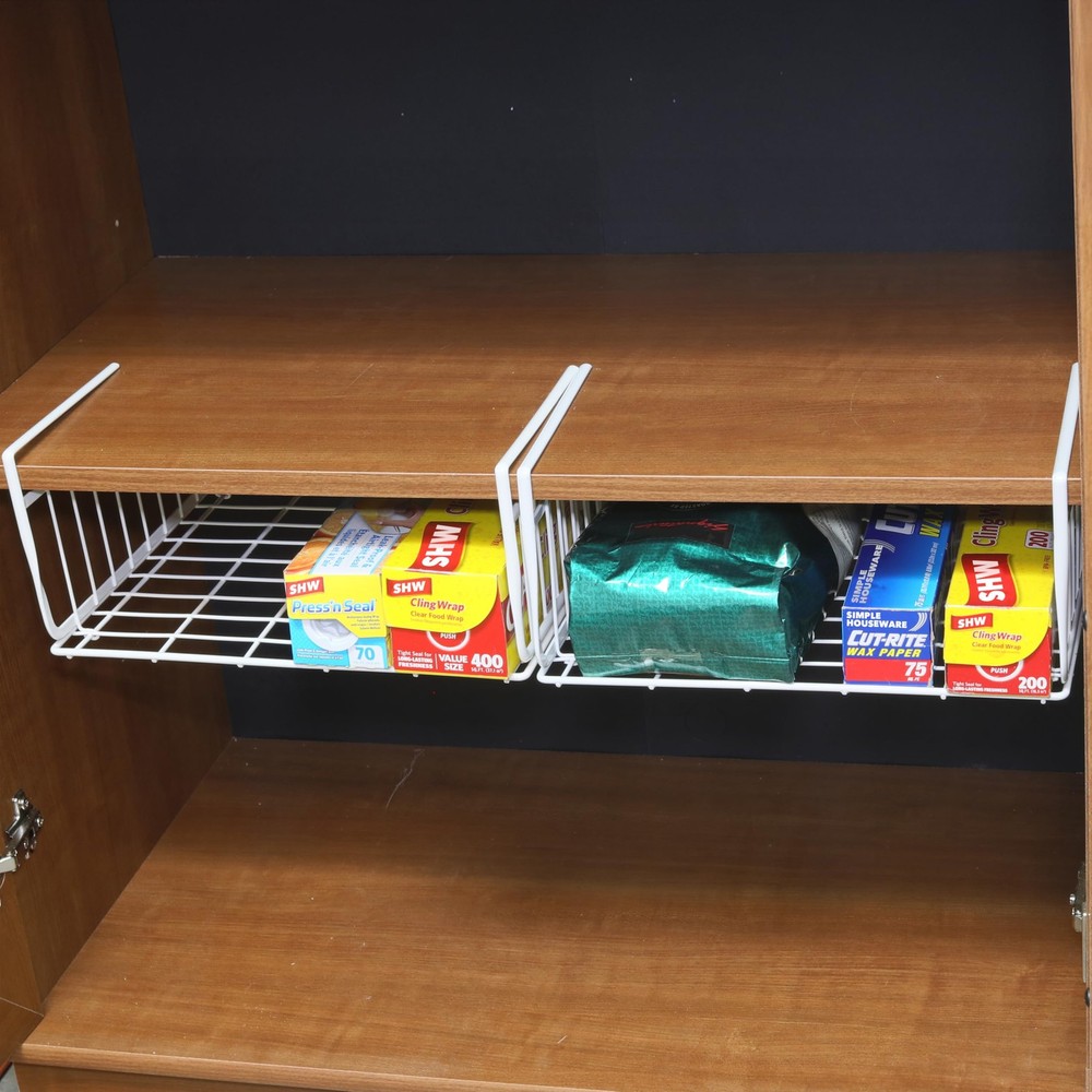 Under Shelf Basket, White – 2-Pack Space-Saving Storage Organizer for Kitchen...