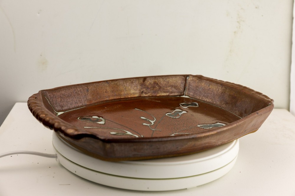 Studio Pottery Tray Platter Signed HB Brown Glaze Handmade Ceramic