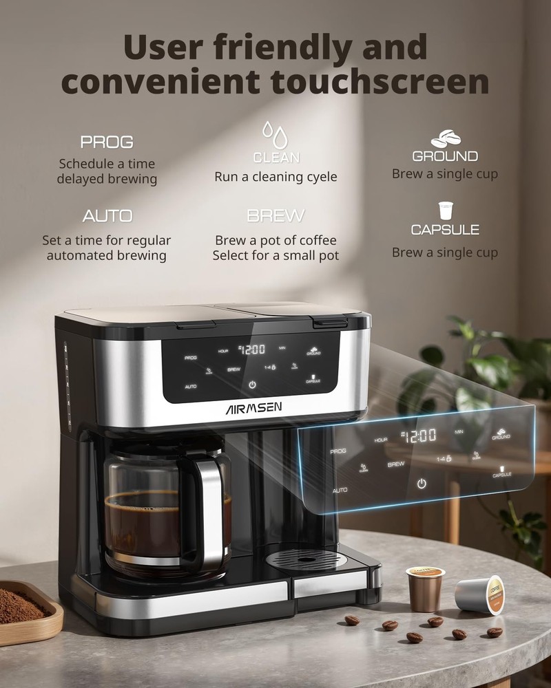 AIRMSEN 12-Cup Programmable Dual Coffee Maker – Single Serve 12 Cup, Black