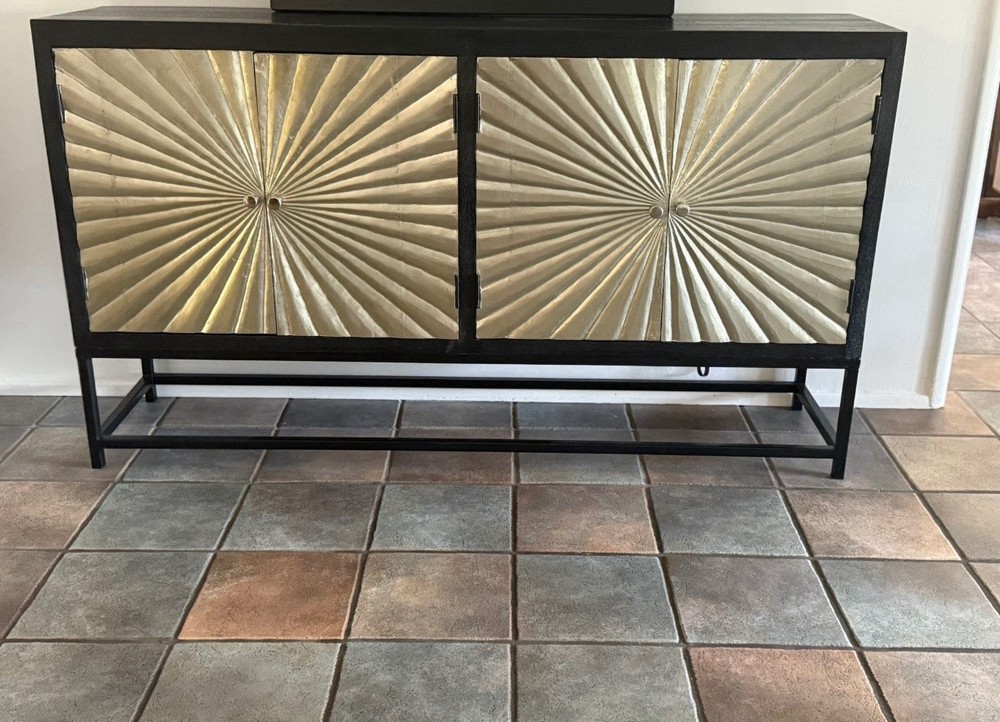 Modern Black Gold Sideboard Rectangular Wood Metal Slab Doors Brushed Finish