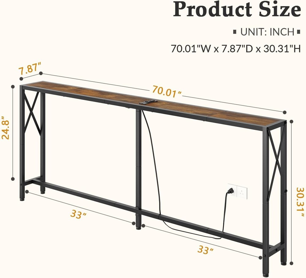 70" Slim Sofa Table, Behind Sofa, Country Brown
