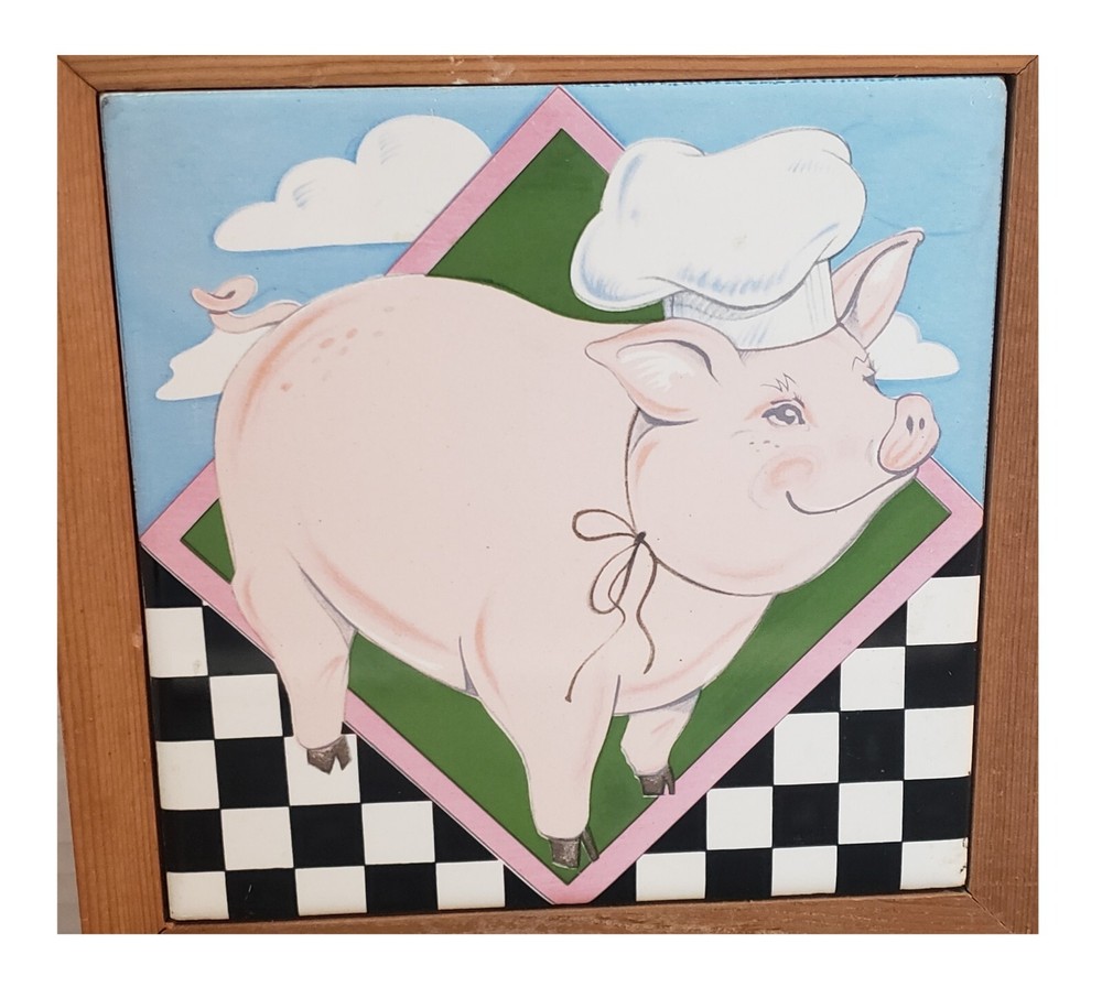 Vintage 80s Chef Pig Framed Ceramic Tile