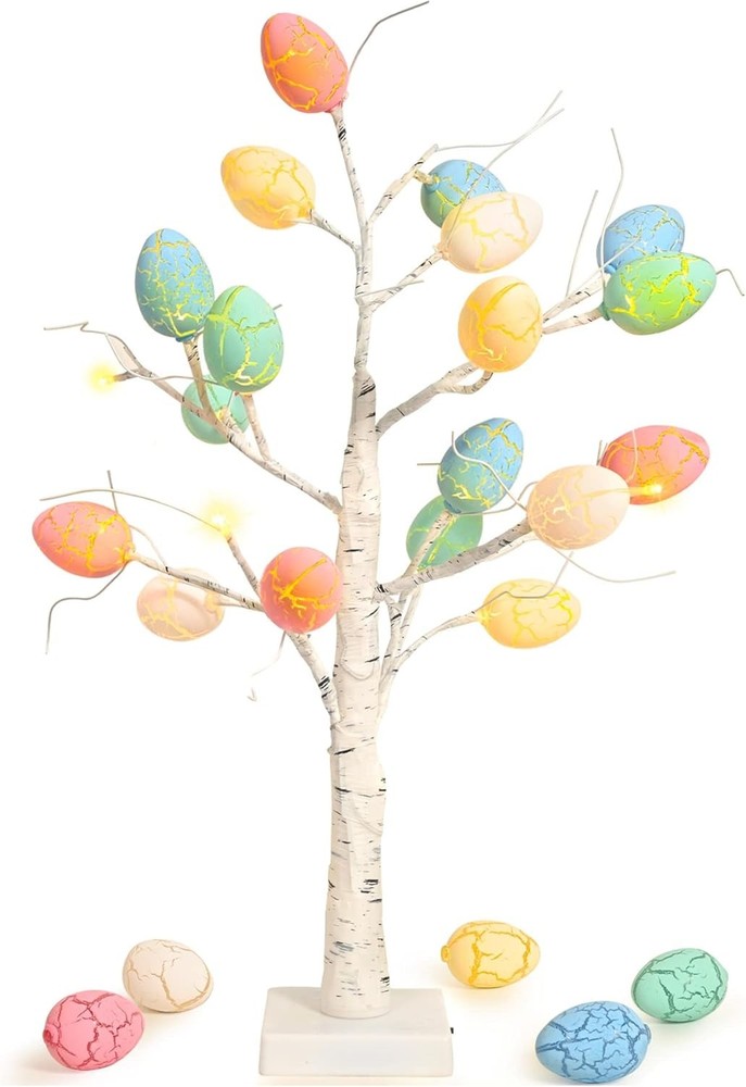 24" Pre-Lit White Birch Tree with 24 Easter Egg Decorations