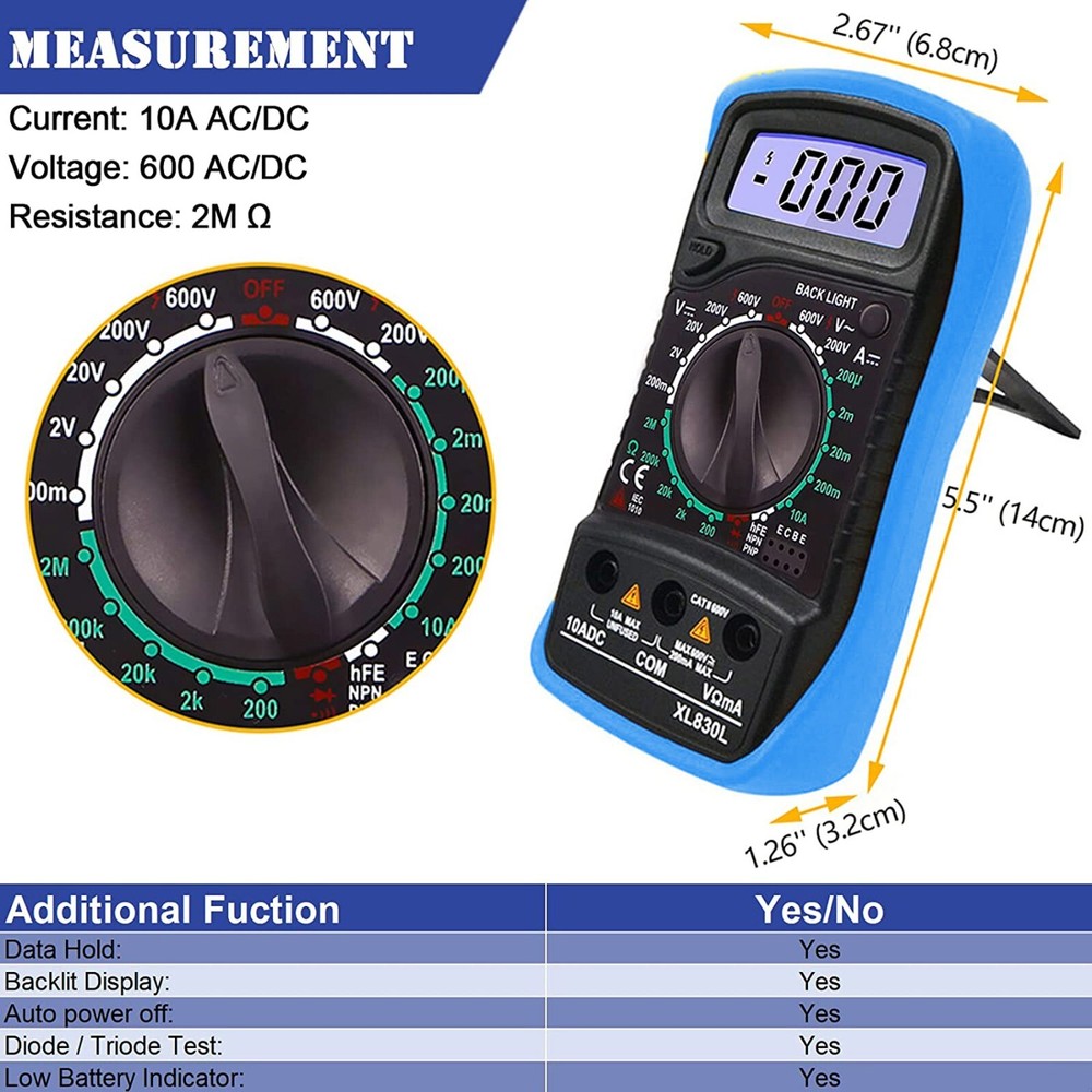 Digital Multimeter Voltmeter Ammeter AC DC Volt Ohmmeter Tester Meter Auto Range
