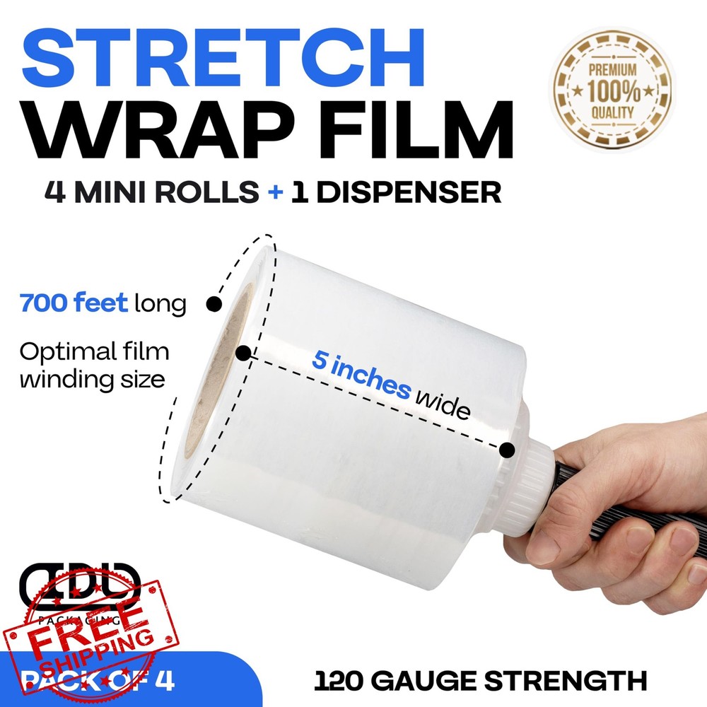 IDL Packaging Mini Stretch Wrap Rolls 5"x700ft 120 Gauge 4-Pack