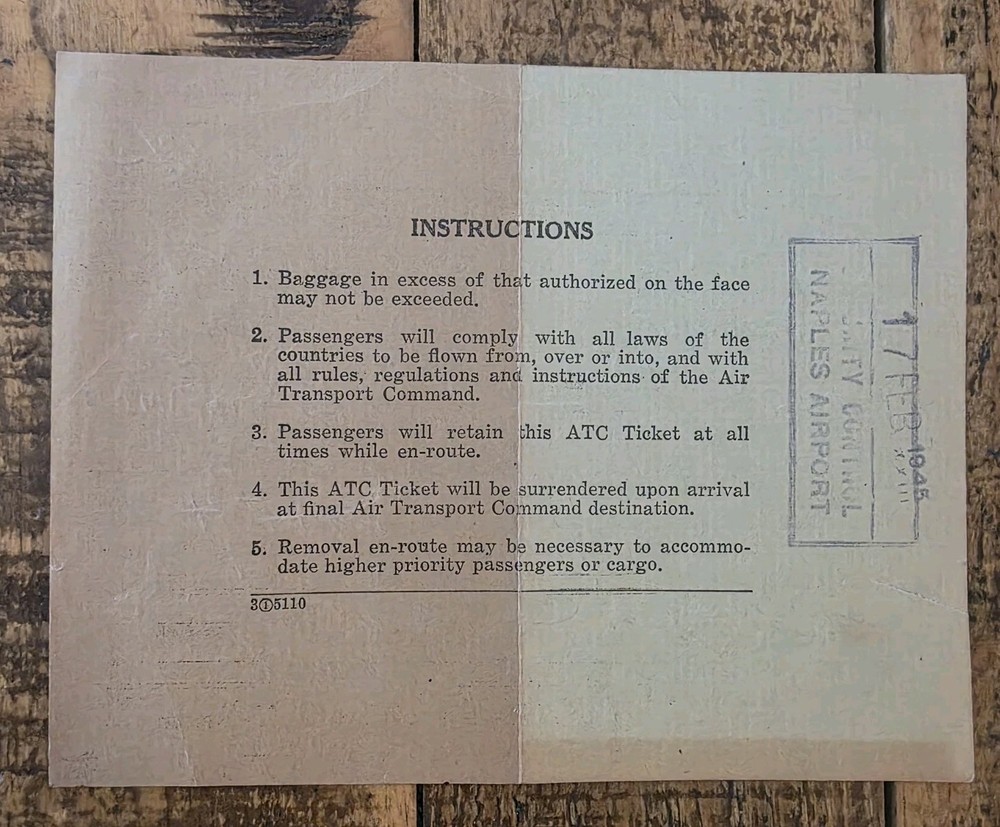 1945 Air Transport Command Army Air Forces Flight Ticket
