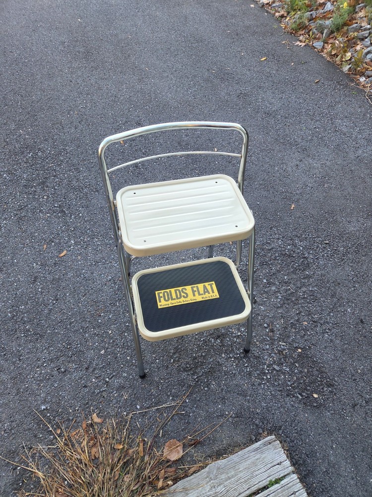 Vintage 1960s Folding Two Step Stool Chrome & Beige