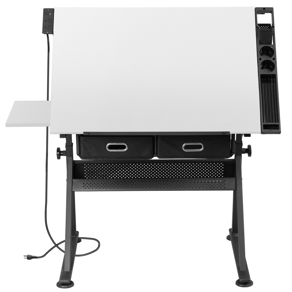Adjustable Drafting Table Tilting Drawing Desk w/Charging Station & Stool White