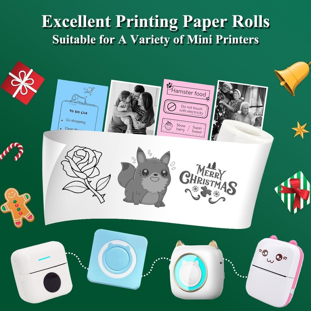 16 Rolls Mini Printer Paper, Including 5 White Sticker, 6 Colored Plain, and ...