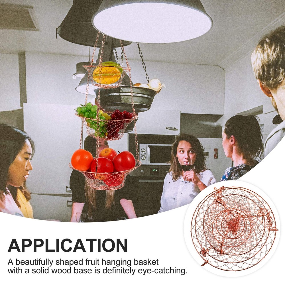 3-Tier Copper Hanging Fruit Basket Foldable Wire Storage Organizer for Kitche...