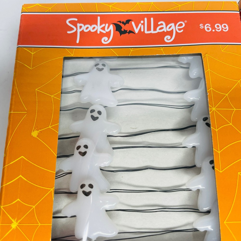 2 pks Spooky Village LED String Lights 1 Pumpkin 1 White Ghosts Black Wire