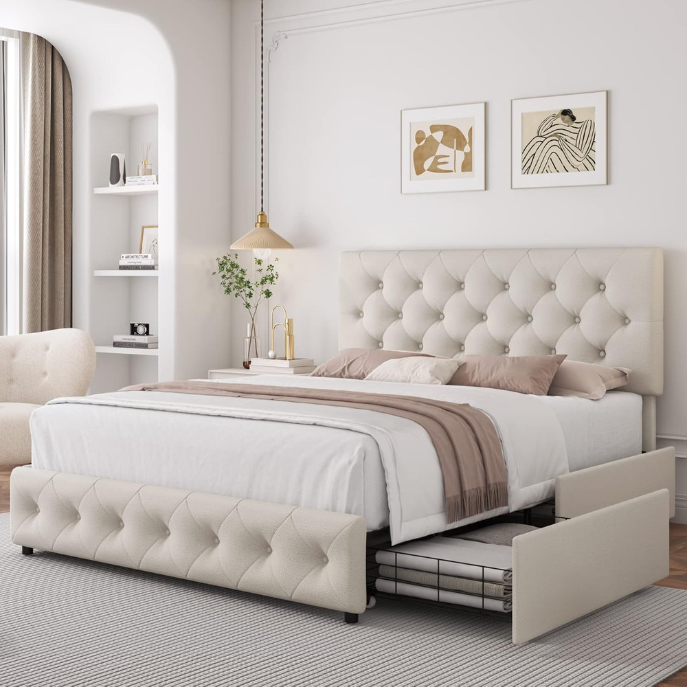 Queen Bed Frame with 4 Storage Drawers and Adjustable Headboard, Upholstered Pla