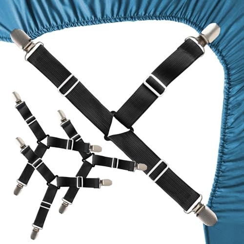 Bed Sheet Straps, 4Pcs Adjustable Bed Sheet Clips, Easy to Install 4 Pack Black