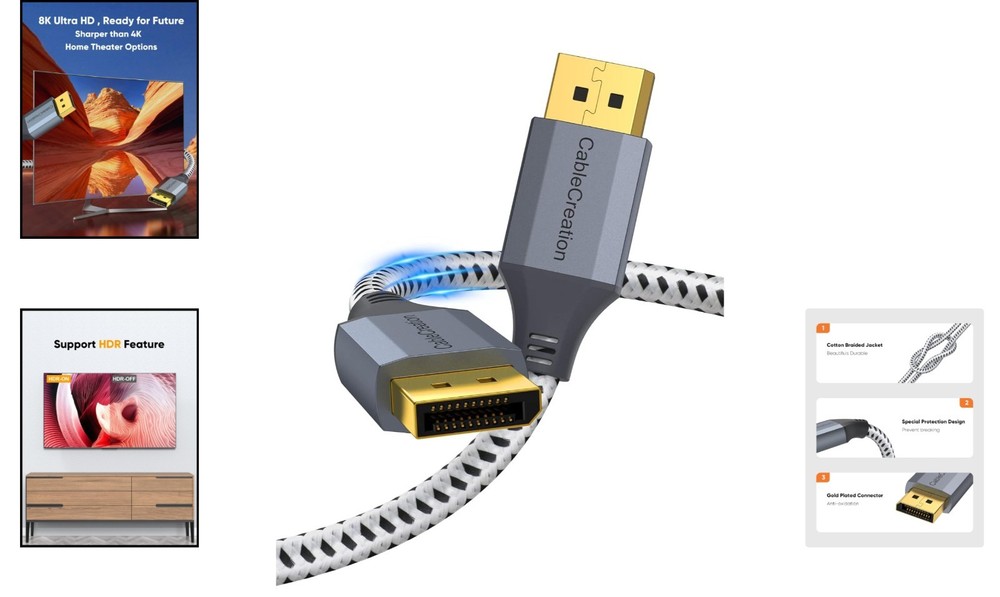 Versatile 8K DisplayPort Cable 3FT - Supports Gaming, PCs, Tablets, and More