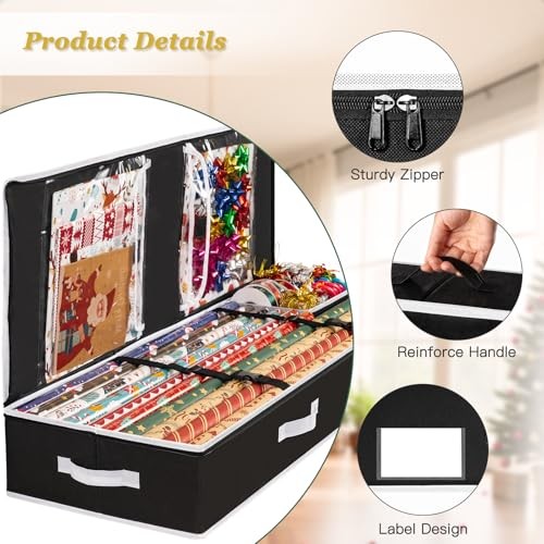 Gift Wrapping Paper Organizer Storage, Durable Underbed Storage Black
