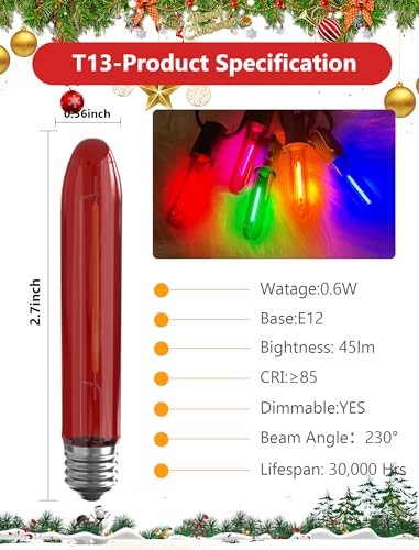 12 Pack T13 LED Multicolor Replacement Bulbs, E12 T13 Led Multicolor Bulb